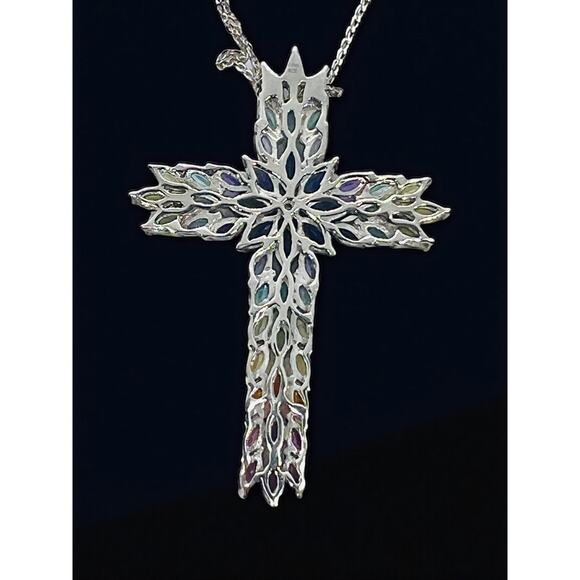 D'Joy Sterling Silver Multi Gemstone Cross Pendant-20'' Italy Chain-Rainbow-Bold - Picture 5 of 10